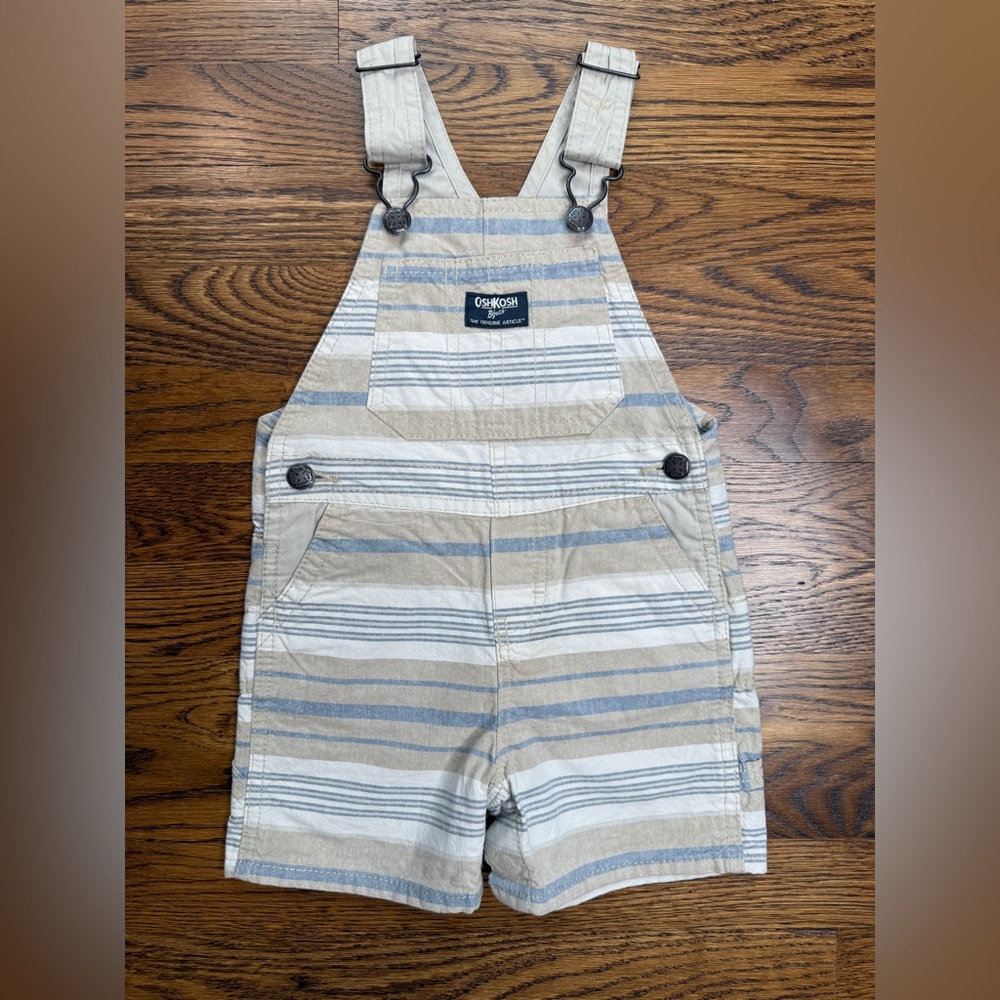 Oshkosh Tan/Blue/Gray Neutral Colors Striped Shortalls for Kids Size 18 Months